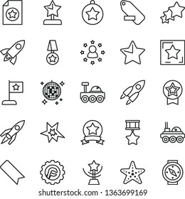 thin line vector icon set - bookmark vector, remove label, star gear, rocket, lunar rover, bang, cup, reward, medal, flag, hero, ribbon, certificate, stars around man, three, disco ball, starfish