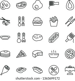 thin line vector icon set - plastic fork spoons vector, iron, stick of sausage, cheese, pizza, piece, Hot Dog, mini, burger, spaghetti, noodles, porridge, grill chicken leg, bacon, chop, barbecue