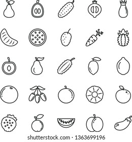 thin line vector icon set - cucumber vector, strawberries, pear, apple, rose hip, half of medlar, blueberry, tasty mulberry, goji berry, water melon slice, tangerine, loquat, cherry, lemon, lime