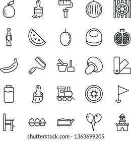 thin line vector icon set - paint roller vector, pennant, baby bib, toy sand set, a chair for feeding, train, colored air balloons, new, color samples, plastic brush, wooden, bundle of eggs, porcini