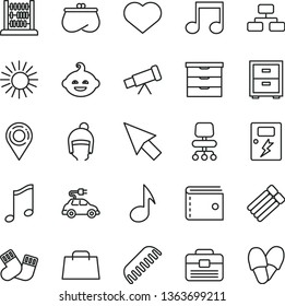 thin line vector icon set - heart symbol vector, purse, bedside table, storage unit, comb, warm socks, funny hairdo, winter hat, abacus, portfolio, dangers, music, flowchart, electric car, location
