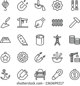 thin line vector icon set - safety pin vector, iron fork spoons, crane, tower, hook, trowel, concrete mixer, gear, knife, paving slab, new radiator, hammer, anchor, power line, magnet, horseshoe