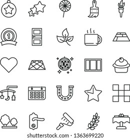 thin line vector icon set - toys over the cradle vector, window frame, paint roller, wooden brush, door knob, interroom, tile, paving slab, pavement, star, heart, muffin, lollipop, cup of tea, trees