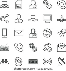 thin line vector icon set - monitor window vector, keyboard, employee, envelope, received letter, smartphone, phone call, operator, artificial satellite, SIM card, connections, scheme, hierarchical