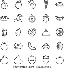 thin line vector icon set - birthday cake vector, with a hole, pie, apple, popsicle, strawberries, cherry, pomegranate, grape, red, tasty, strawberry, fig, mulberry, melon, slice of, half, water