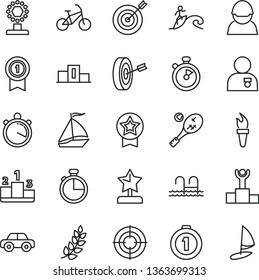 thin line vector icon set - motor vehicle vector, timer, pedestal, racer, stopwatch, flame torch, laurel branch, winner podium, cup, star reward, man with medal, target, purpose, first place, aim