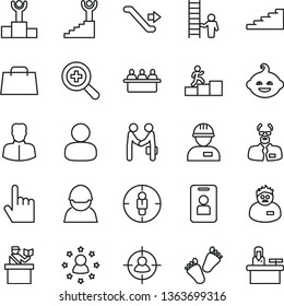 thin line vector icon set - zoom vector, funny hairdo, children's tracks, workman, index finger, racer, court hearing, woman, man, in sight, goal, hand bag, scientist, winner podium, carrer stairway