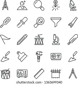 thin line vector icon set - graphite pencil vector, yardstick, wind direction indicator, electronic thermometer e, mercury, drumroll, drum, trowel, building, hand saw, putty knife, temperature