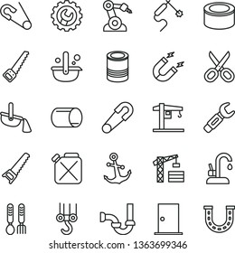 thin line vector icon set - scissors vector, safety pin, open, iron fork spoons, crane, tower, winch hook, hand saw, arm, sewerage, ntrance door, gear, kitchen faucet, anchor, canned goods, tin