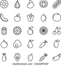 thin line vector icon set - Hot Dog vector, peper, carrot, fried egg, strawberry, cherry, apricot, rose hip, blueberry, tasty mulberry, slice of melon, plum, passion fruit, lemon, yellow, half, part