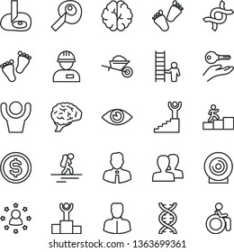 thin line vector icon set - women vector, footprints, children's tracks, workman, garden trolley, employee, eye, lens, woman, dollar, dna, brain, artifical insimination, winner podium, arm key