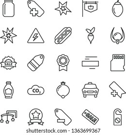 thin line vector icon set - danger of electricity vector, add bookmark, minus, label, remove, toys over the cot, car, Hot Dog, bottle, medlar, tamarillo, physalis, radish, CO2, jar, vintage sign