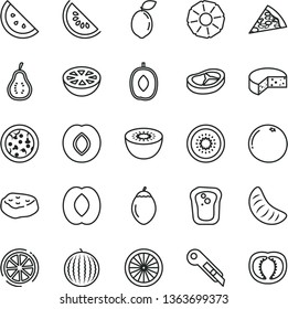 thin line vector icon set - stationery knife vector, cheese, pizza, piece of, bacon, meat, orange slice, sandwich, plum, water melon, delicious, half peach, tangerine, kiwi, tamarillo, sour lime