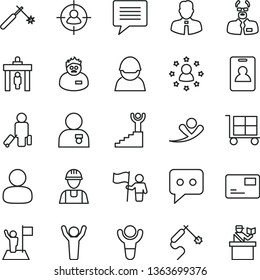 thin line vector icon set - image of thought vector, cargo trolley, builder, employee, pass card, racer, welding, gas, man, in sight, think, scientist, winner, stairway, hands up, with medal, flag