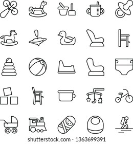 thin line vector icon set - toys over the cradle vector, dummy, mug for feeding, diaper, baby bib, rattle, chair, car child seat, carriage, rubber duck, bath ball, stacking rings, tumbler, a, train
