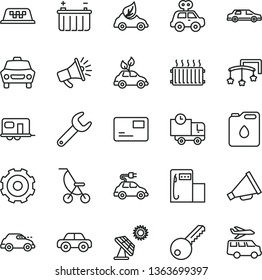 thin line vector icon set - truck lorry vector, horn, toys over the cot, summer stroller, motor vehicle, present, key, car, pass card, delivery, big solar panel, modern gas station, battery, eco