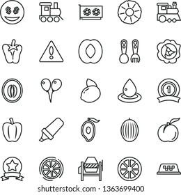 thin line vector icon set - warning vector, plastic fork spoons, baby toy train, children's, colored air balloons, concrete mixer, peper, ripe peach, squash, melon, half of mango, yellow lemon, star