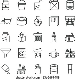 thin line vector icon set - wicker pot vector, mug for feeding, measuring cup, bottle, powder, baby, e, bucket, dust bin, bag with handles, package, unpacking, canned goods, tin, coffe to go, oil