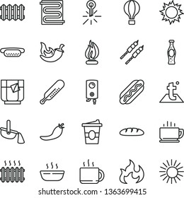 thin line vector icon set - mercury thermometer vector, heating coil, temperature, new radiator, boiler, coffee, loaf, Hot Dog, mini, porridge, barbecue, chili, cup of tea, coffe to go, a glass, sun