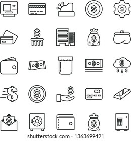 thin line vector icon set - bank card vector, purse, dollar, buildings, strongbox, jam, front of the, get a wage, wallet, dollars, cash, cashbox, gold bar, money rain, coin, bag, column, gear, mail