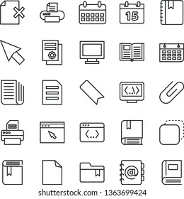 thin line vector icon set - monitor window vector, bookmark, clean sheet of paper, folder, book, e, calendar, notebook, address, delete page, clip, copy, scientific publication, wall, newspaper