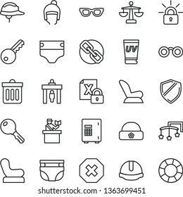 thin line vector icon set - mark of injury vector, spectacles, scales, toys over the cot, diaper, nappy, Baby chair, car child seat, winter hat, warm, construction helmet, dust bin, key, encrypting