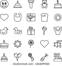 thin line vector icon set - heart symbol vector, toys over the cradle, bib, rubber duck, baby duckling, teddy bear, colored air balloons, birthday cake, gift, Easter, torte, Chupa Chups, lollipop