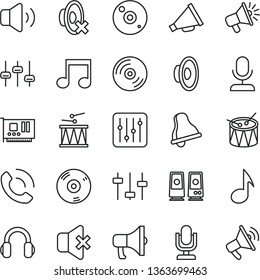 thin line vector icon set - bell vector, desktop microphone, horn, loudspeaker, silent mode, drumroll, drum, CD, regulator, volume, no sound, phone call, megaphone, pc card, headphones, speaker