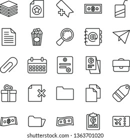 thin line vector icon set - clip vector, add bookmark, clean paper, scribbled, e, pile, address book, delete page, gift, label, cup of popcorn, magnifier, portfolio, statistical overview, dollar