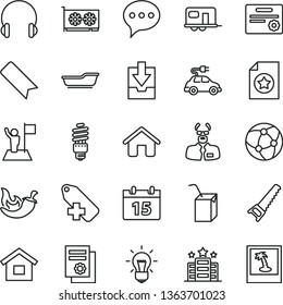 thin line vector icon set - bookmark vector, add label, download archive data, bath, packing of juice with a straw, house, dwelling, hand saw, calendar, speech, headphones, chili, energy saving bulb