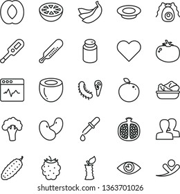 thin line vector icon set - women vector, powder, electronic thermometer e, mercury, heart, eye, cardiogram, lettuce in a plate, of milk, cucumber, tomato, half pomegranate, blackberry, peach, stub