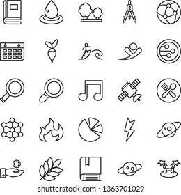 thin line vector icon set - vector e, lightning, radish, trees, drop of oil, Measuring compasses, catch a coin, pie charts, wall calendar, network, magnifier, note, zoom, satellite, book, flame