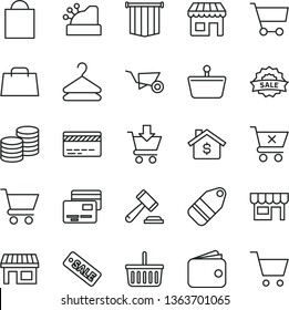 thin line vector icon set - paper bag vector, grocery basket, bank card, hammer of a judge, building trolley, cart, put in, crossed, cards, kiosk, coins, hanger, label, stall, shopping, wallet, hand