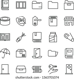 thin line vector icon set - folder vector, book, open pin, e, books, window frame, door knob, ntrance, umbrella, drawer, cardboard box, 24, package, canned goods, kiosk, arm with key, exit