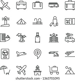 thin line vector icon set - suitcase vector, case, coastal lighthouse, sand castle, helicopter, dollar pin, plane, bus, passenger, rolling, passport, ticket, departure, hotel, tent, palm tree, pool