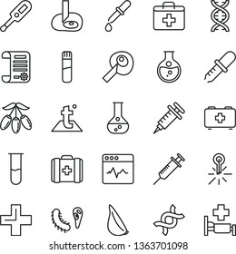 thin line vector icon set - first aid kit vector, plus, electronic thermometer e, bag of a paramedic, medical, temperature, cardiogram, garlic, goji berry, round flask, mercury, research article