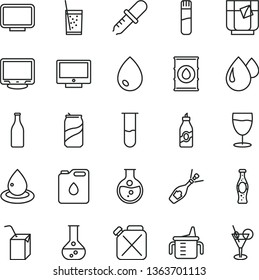 thin line vector icon set - measuring cup for feeding vector, packing of juice with a straw, drop, screen, glass soda, tea, can, bottle, liquor, round flask, oil, canister, monitor, test tube