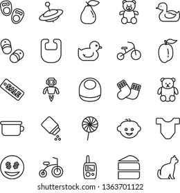 thin line vector icon set - baby powder vector, bib, Child T shirt, rubber duck, duckling, warm socks, toy mobile phone, children's potty, teddy bear, small, hairdo, yule, bicycle, tricycle, pear