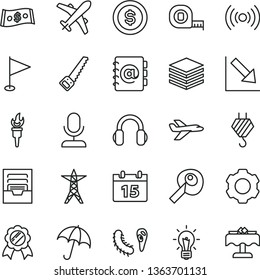 thin line vector icon set - pennant vector, negative chart, archive, hook, arm saw, measuring tape, calendar, umbrella, pile, address book, power line, dollar, headphones, wireless, settings, bulb