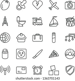 Thin Line Vector Icon Set - Tassel Vector, Alarm Clock, Toys Over The Cot, Dummy, Powder, Cubes For Children, Drum, Toilet, Broken Heart, Pass Card, Piece Of Pizza, Muffin, Glazed Cake With A Hole