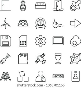 thin line vector icon set - floppy disk vector, right direction, dummy, cubes for children, ladder, ntrance door, building level, brick, pavement, core, glass, fried egg, a pineapple, windmill, SIM
