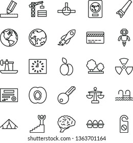 thin line vector icon set - bank card vector, scales, tower crane, hand saw, key, drawing, bundle of eggs, apple, half apricot, oil derrick, planet, trees, space rocket, black clock, connect, brain