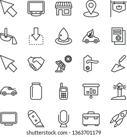 thin line vector icon set - trowel vector, suitcase, door knob, knife, microphone, move down, big solar panel, drop of oil, eco car, retro, steel production, jar, stall, vintage sign, geolocation