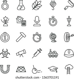 thin line vector icon set - hook vector, new roller, construction helmet, estimate, pavement, hammer, core, flask, telescope, biohazard, globe, lunar rover, biology, syringe, stopwatch, star cup