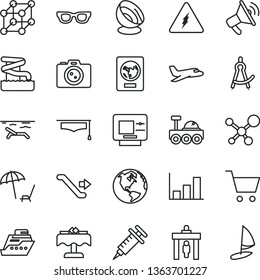 thin line vector icon set - molecule vector, electricity, glasses, graduate hat, drawing compass, growth graph, satellite antenna, lunar rover, syringe, 3d cube, earth, plane, escalator, passport