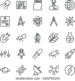 thin line vector icon set - artificial satellite vector, planet, rocket, sd card, flask, telescope, molecule, atom, dna, settings, pipette, magnet, flame, scientist, drawing compass, earth core