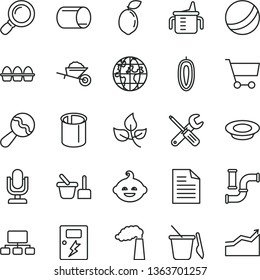 thin line vector icon set - desktop microphone vector, scribbled paper, measuring cup for feeding, beanbag, bath ball, toy sand set, children's, funny hairdo, garden trolley, small tools, dangers