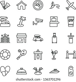 thin line vector icon set - plane vector, car baggage, airport tower, rope barrier, security gate, rolling suitcase, scanner, boungalow, uv cream, palm tree, cocktail, aquapark, flippers, surfing