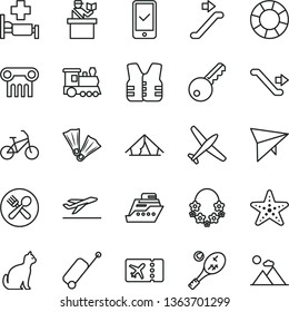 thin line vector icon set - plane vector, train, hang glider, bike, escalator, passort control, ticket, phone registration, rolling case, departure, tent, hawaii wreath, hospital bed, cafe, starfish