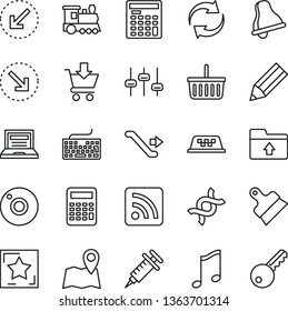 thin line vector icon set - camera vector, bell, laptop, grocery basket, keyboard, renewal, rss feed, upload folder, putty knife, left bottom arrow, music, put in cart, right, pencil, dna, settings